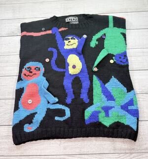 Berek Vintage Interactive Monkeys Pullover Sweater Vest Wool Hand Knit Size XL?